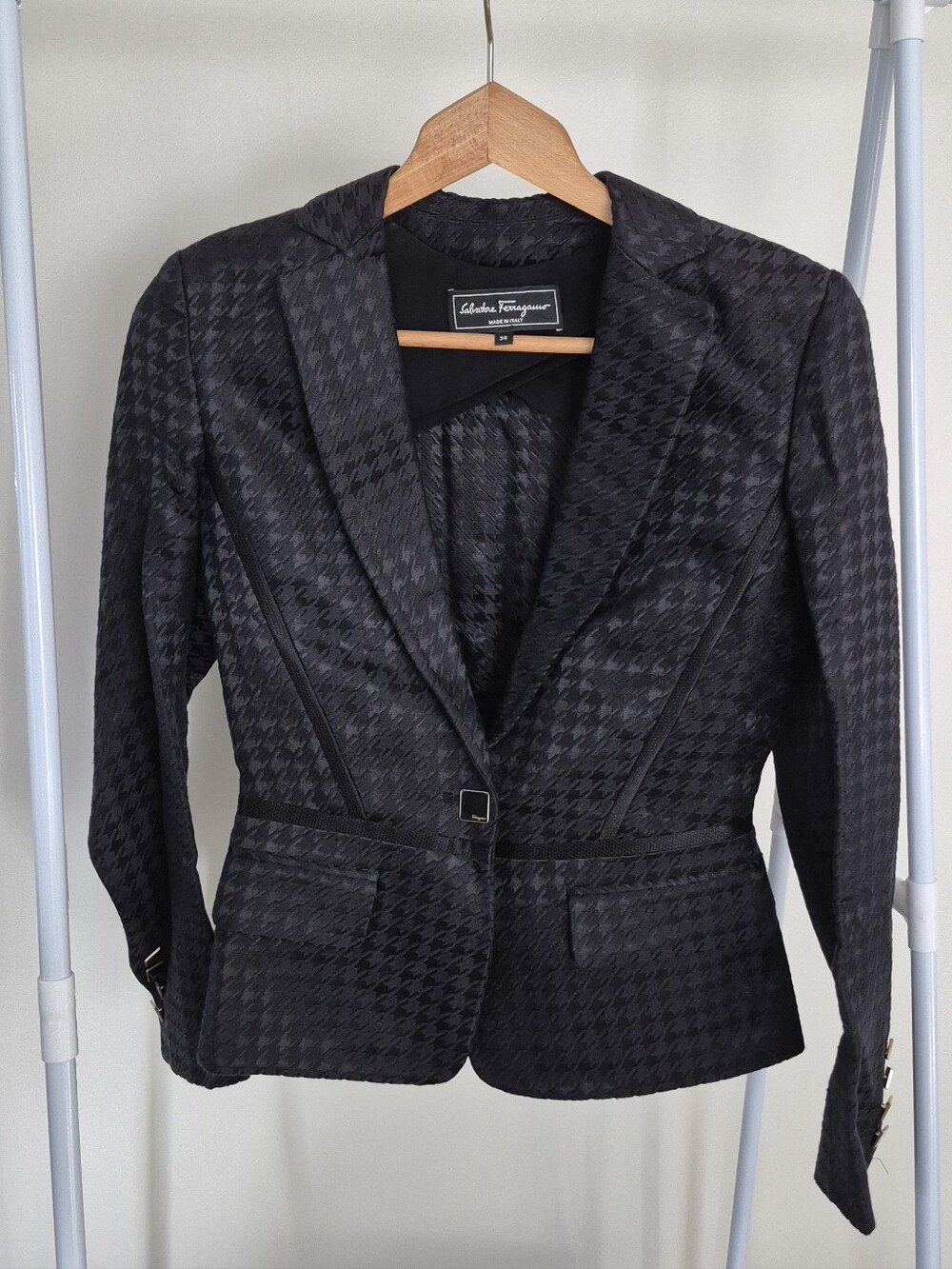 Salvatore Ferragamo Black Houndstooth Tailored Jacket + Skirt